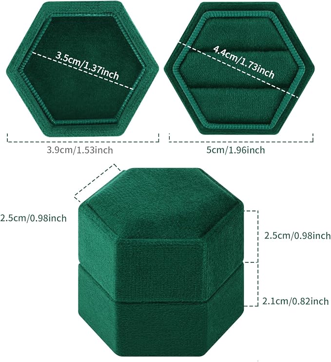 DesignSter Hexagon Velvet Ring Box - Premium Gorgeous Vintage Double Ring Display Holder with Detachable Lid Ring Bearer Box or Proposal, Engagement, Wedding, Ceremony （Emerald）