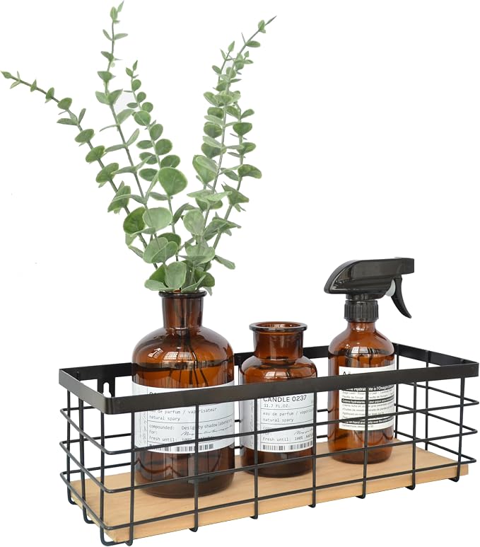 ShabbyDecor Detachable Wood Base Wire Basket tabletop or wall mount, Medium | Farmhouse Hanging Basket, Storage Organizer for Kitchen Cabinets, Bathroom, Pantry, Laundry Room