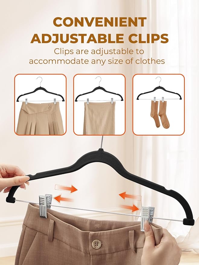 HOUSE DAY Velvet Skirt Hangers 72 Pack, Black Hanger with Adjustable Clips | Space Saving Slim Felt Pant Hanger, Heavy Duty Shorts Hanger, Non Slip Clip Hangars for Pants, Skirts, Shorts, Outfit