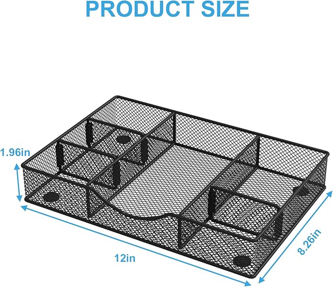 VyGrow Desk Drawer Organizer Tray, Metal Mesh Drawer Organizers Office, 6 Adjustable Compartment, Desk Organizer Tray for Home Office 12 x 8.26 x 1.96 inch, Black, 1 Pack