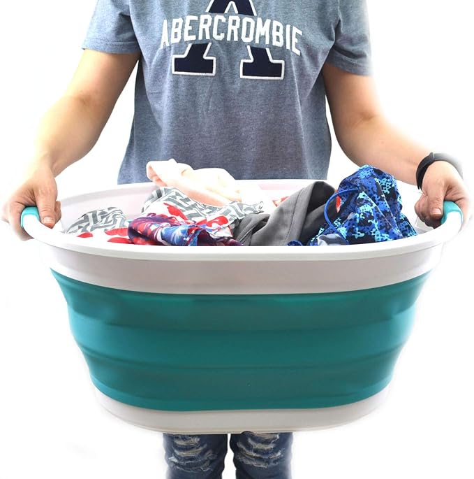 SAMMART 28L (7.4 gallon) Collapsible Plastic Laundry Basket-Oval Tub/Basket - Portable Washing Tub-Space Saving Laundry Hamper, Water capacity: 22L (5.8 gallon) (1, Bright Blue)
