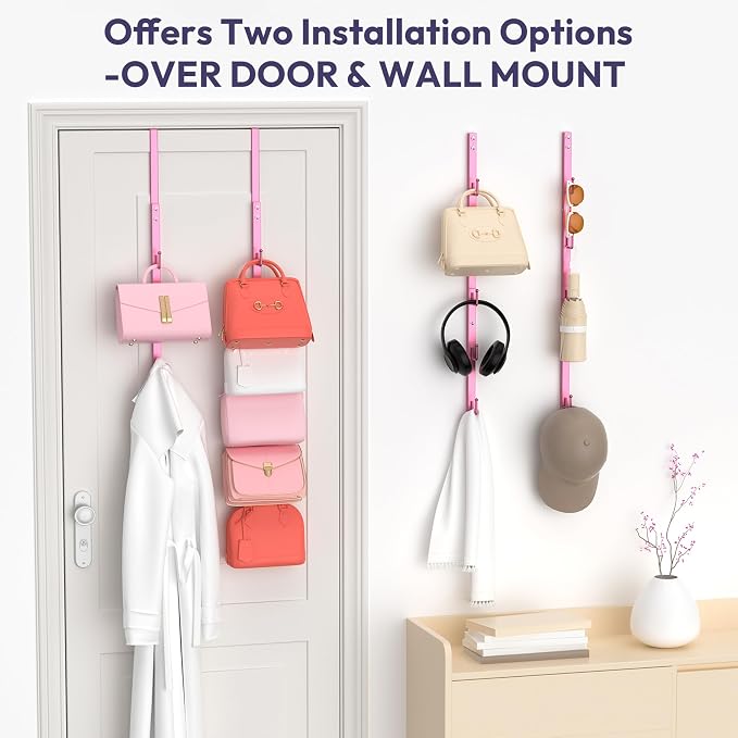 SWTYMIKI Over the Door Purse Organizer - 2 Packs Wall Mounted Purse Rack with 5 Hooks Design, Hanging Handbag Organizer Storage Holds up to 10 Bags, Bag Rack for Closet, Door (Pink)