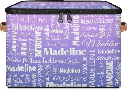 Custom Storage Basket with Name, Personalized Keepsake Box with Zipper Lid, Foldable Fabric Memory Bin Large capacity with Handle Purple