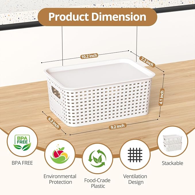 Plastic Storage Basket with Lid, Stackable Small Box Bins for Organizing and Containers for Shelves Drawers Desktop Closet Playroom Pantry Classroom Office Home, 8 Pack 10.2x7.2x4.1 Inch, White