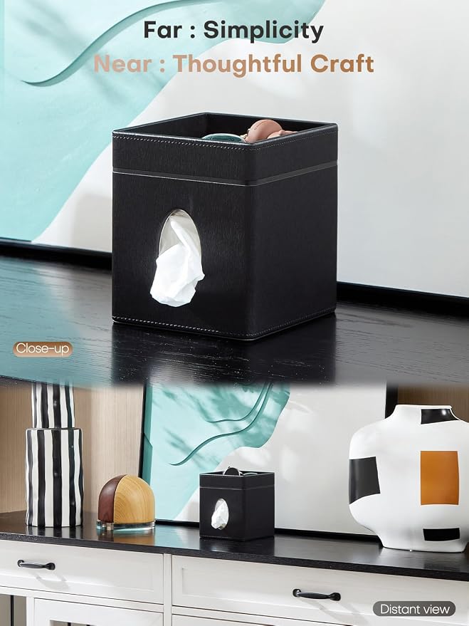 Square Tissue Box Cover Holder with Tray for Kleenex/Puffs Cubes | Gift-Ready for Entryways/Vanities | Stardust Black/Polar Ice/Liquid Iridium | Patented Metal-Look PU Leather-Stardust Black