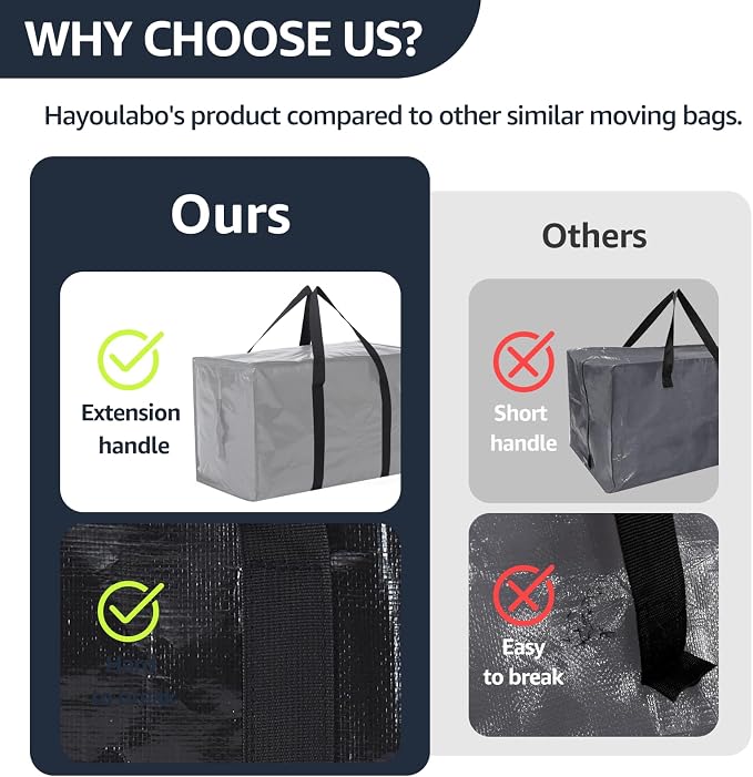 Moving Bags Heavy Duty Extra Large, Moving Boxes, Moving Supplies Essentials, Blue Storage Bins with Lids, Plastic Packing Totes, Storage Bags for Clothes with Handles & Zippers(Black, 10 Pack)