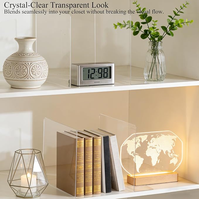 Acrylic Shelf Dividers Closet Organizers for Home Organization Enthusiasts | 12" Tall Sturdy Clear Closet Shelf Dividers for Clothes Purse pantry Separators in Bedroom Kitchen Office Shelf Space Saver