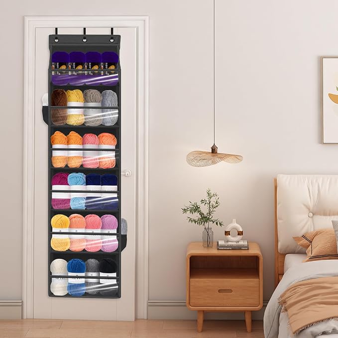 Over Door Organizer with 6 Extra Large Pockets 12 Side Pockets, Sturdy Closet Storage Rack, Hanging Storage Organizer with Clear Window for Shoes, Diaper, Bedroom, Bathroom, Black, 3-Pack
