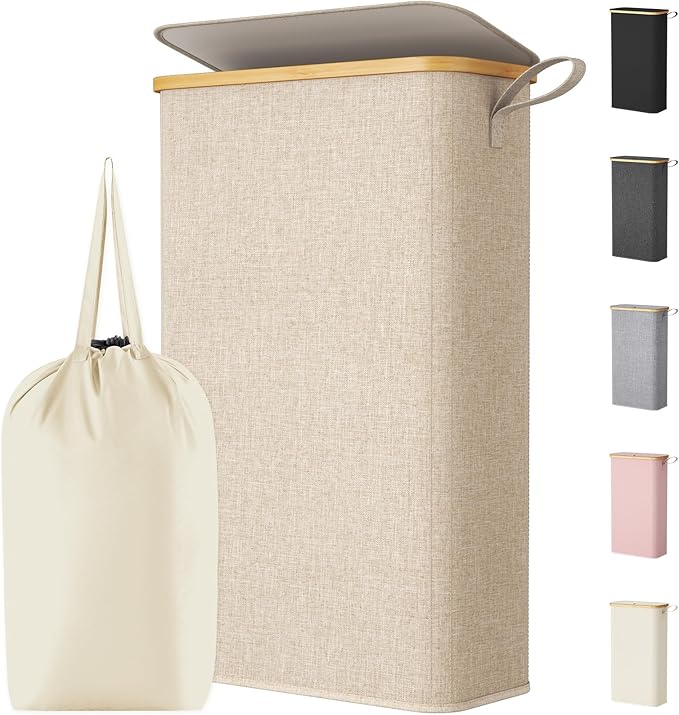 Lifewit 65L Slim Laundry Hamper with Lid, Narrow Laundry Basket with Removable Bag & Bamboo Handles, Fodable Thin Dirty Clothes Hamper for Laundry Collapsible Bin for Bathroom Bedroom Dorm, Beige