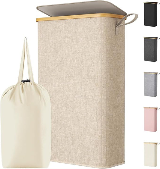 Lifewit 65L Slim Laundry Hamper with Lid, Narrow Laundry Basket with Removable Bag & Bamboo Handles, Fodable Thin Dirty Clothes Hamper for Laundry Collapsible Bin for Bathroom Bedroom Dorm, Beige
