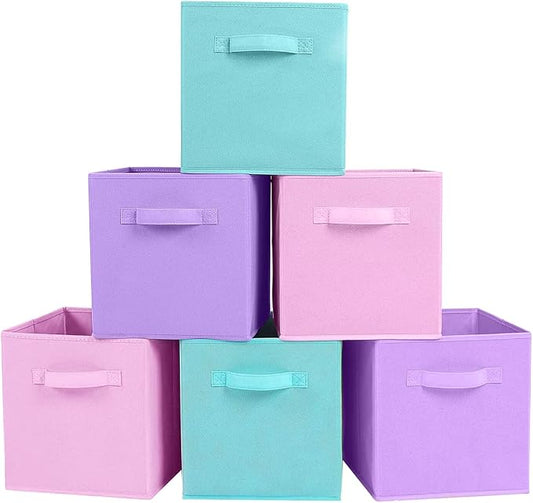 PowerKing Collapsible Storage Cubes with Handles, Fabric Foldable Bins for Closet Shelves, Durable Organization Storage Bins, 10.5'' x 11'' x 10.5'' (Lavender+Light Blue+Pink, 6Pack)