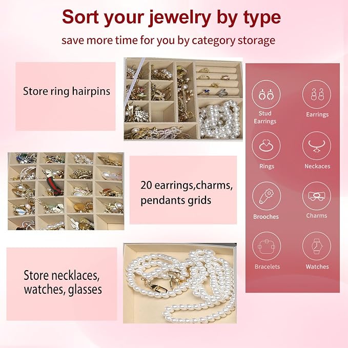 BOOVO Clear Lid Jewelry Box,3 Layers Jewelry Organizer Large Jewelry Storage Box with 2 Drawers,Jewelry Holder Organzier of Rings Earrings Necklace Bracelets for Women (Grey, 3 Layer)