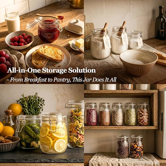 ComSaf 3pcs 50oz Ribbed Glass Jars with Airtight Clamp Lids, Large Vintage Canisters for Flour, Sugar Storage & Fermenting, Wide Mouth for Pantry Organization & Countertop Decor