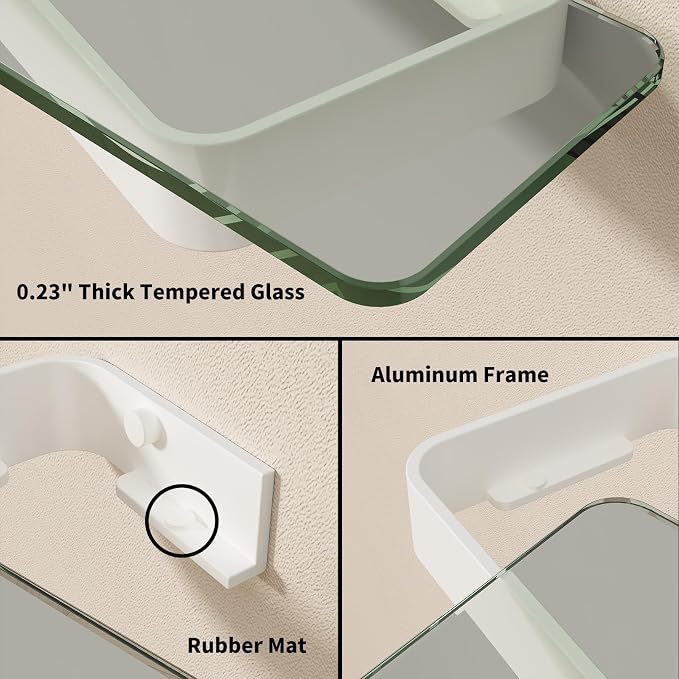 Danpoo 16-Inch Wall Shelf, Clear Tempered Glass with Matte White Aluminum Frame – Sleek Floating Bathroom Organizer