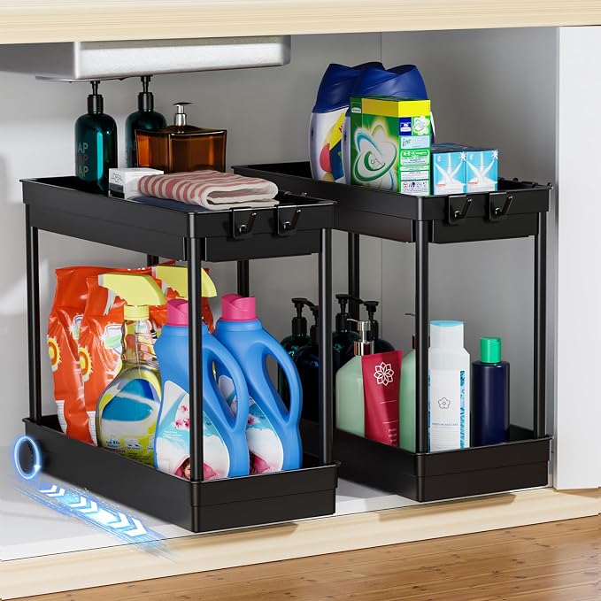 Cicilyna 2 Pack Under Sink Organizer, 2 Tier Bathroom Cabinet Organizers and Storage with Hook, Multi-purpose Storage Basket Shelf for Kitchen, Black
