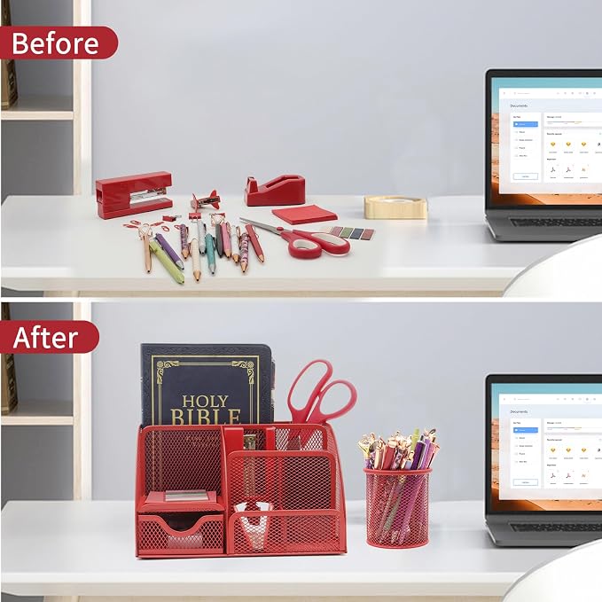 12 in 1 Red Desk Organizers and Accessories for Office Home School | Red Office Supplies for Coworkers Students, Include Stapler, Pen Holder, Tape Holder, Scissors, Ruler, Staple Remover
