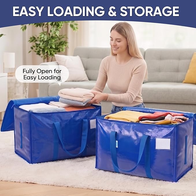 TICONN 12 Pack Extra Large Moving Bags Heavy Duty with Zippers & Carrying Handles, Durable Storage Bags Moving Boxes for Closet Organizers and Storage (12 Pack, Blue)