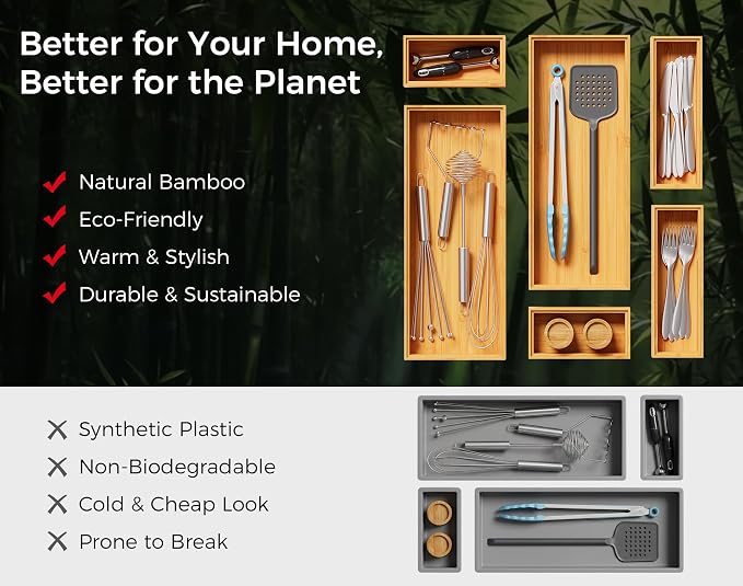Bamboo Kitchen Drawer Organizer Set of 2, Stackable 15" x 6" Wood Silverware Utensil Tray for Drawers Bins, Cutlery & Flatware Storage – Wooden Boxes Organizers for Junk Drawer, Bathroom, RV