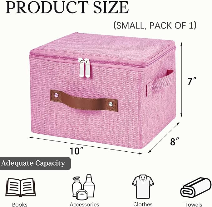 Storage Bins with Zipper Lid Foldable Fabric Lidded Storage Boxes Baskets Cubes Washable Collapsible PU Leather Handle Cotton Linen Shelves Closet Organizer Container(Pink, Small Size)