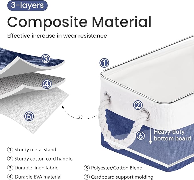 Storage Baskets for Shelves 11.8x7.9x5.2 Inch, Foldable Fabric Storage Bins with Handles, Small Storage Baskets for Organizing Closet, Office, Home Organization (3-Pack, White&Blue)