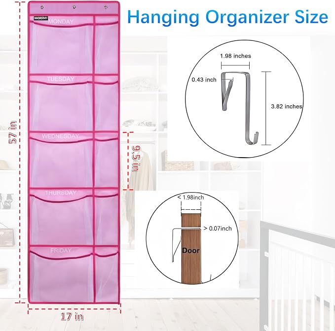Weekly Kids Clothes Organizer - Day of Week School Clothing Organizer, Monday to Friday Time Save, No Odour, 5-Shelf Hanging Closet Storage (Pink)