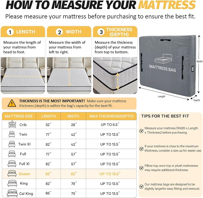 Mattress Bags for Moving and Storage, BETU Twin Mattress Protector Waterproof Mattress Cover with 8 Heavy Duty Handles and Zipper Extra Thick Moving Supplies for Dorm Bed Reusable (77x42x13.5 Grey)