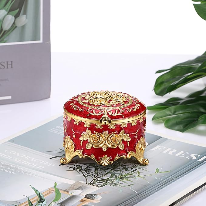 Hipiwe Vintage Metal Jewelry Box - Small Trinket Organizer Ring Box Case with Rose Pattern Jewelry Storage Box for Ring Earrings Necklace, Keepsake Box for Women,Red