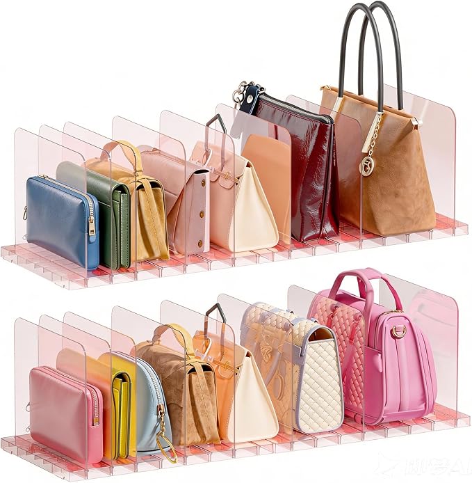 PAVSTINE 4 Pack Purse Organizer for Closet, Stackable Storage Shelf, Pink | Adjustable Dividers, Clear Acrylic Handbag Storage Shelf, Keeps Bag, Pocketbook & Clutch Upright, Stackable to Save Space