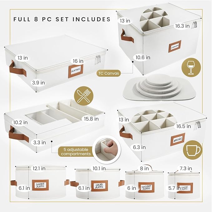 HOMELUX THEORY Flatware Storage Hard Shell China Storage Containers - Ivory Silverware Organizer, Cutlery & Silverware Storage Box with 5 Dividers & Lid, Packing Heavy Duty Moving Box with Handles