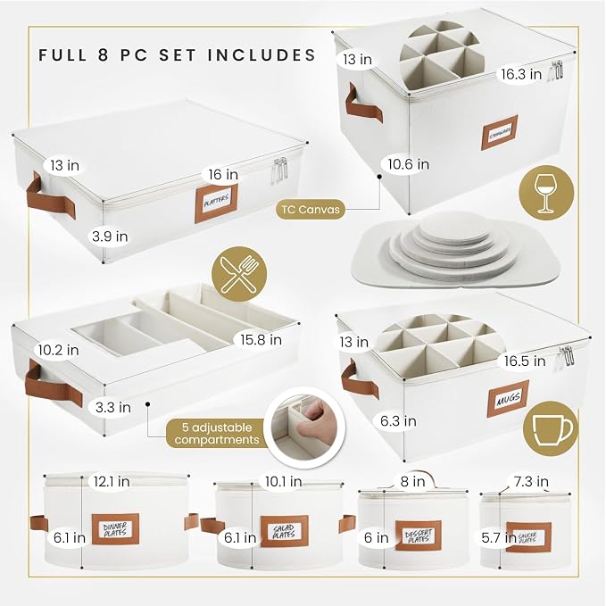 HOMELUX THEORY Hard Shell China Storage Containers, 8pc Ivory Mug & Plate Storage Box, Kitchen Storage Bins W/Lids, Heavy Duty Moving Box with Handles for Dishes, Glassware, Silverware, Cup & Mug