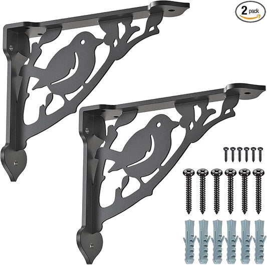 SELEWARE Heavy Duty Shelf Brackets 8 Inch, Bird Shelves Brackets, 300LB Capacity Decorative Metal L Brackets for Floating Shelves, Black Rustic Wall Mount Shelving Bracket with Screws, 2 Pack