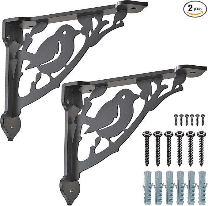 SELEWARE Heavy Duty Shelf Brackets 12 Inch, Bird Shelves Brackets, 300LB Capacity Decorative Metal L Brackets for Floating Shelves, Black Rustic Wall Mount Shelving Bracket with Screws, 2 Pack