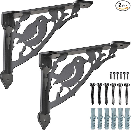 SELEWARE Heavy Duty Shelf Brackets 12 Inch, Bird Shelves Brackets, 300LB Capacity Decorative Metal L Brackets for Floating Shelves, Black Rustic Wall Mount Shelving Bracket with Screws, 2 Pack