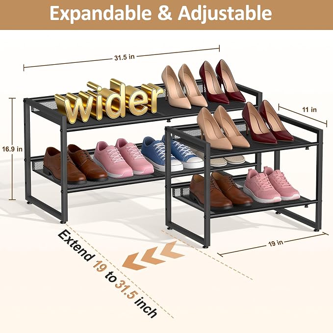 Expandable Shoe Rack, 2 Tier Adjustable Shoe Organizer with Flat & Slant Dual Use Design, Space Saving Shoes Stand for Closet & Entryway, Sturdy Dense Metal Grid Shoe Holder for High Heels, Sneakers