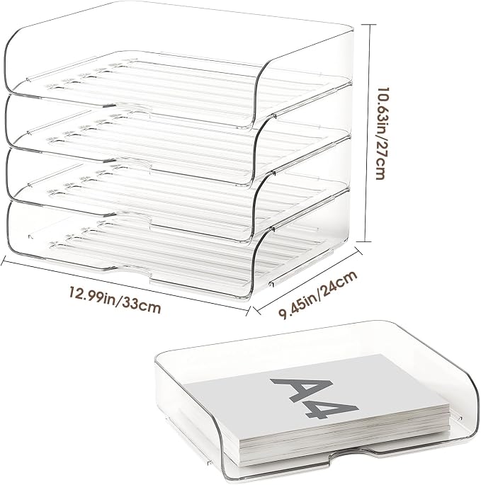 4-Tier Large-Capacity Paper Organizer, Clear Stackable Desk Organizer & Acrylic Paper Tray, Transparent & Easy Access,Desk File Organizer for Home Office & School