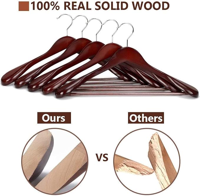 JS Hanger Wooden Extra-Wide Shoulder Suit Hangers for Coat and Pants, Walnut Finish, 6-Pack