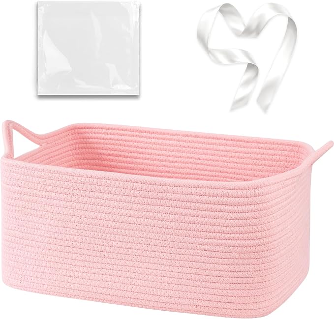 OIASKET Large Empty Cotton Rope Gift Basket with Handles, 18.9"x13.8"x7.8" Decorative Woven Storage Basket with Gift Bag and Ribbon Set for Baby Shower, Toy Organizer for Kids, Dogs & Cats - Pink