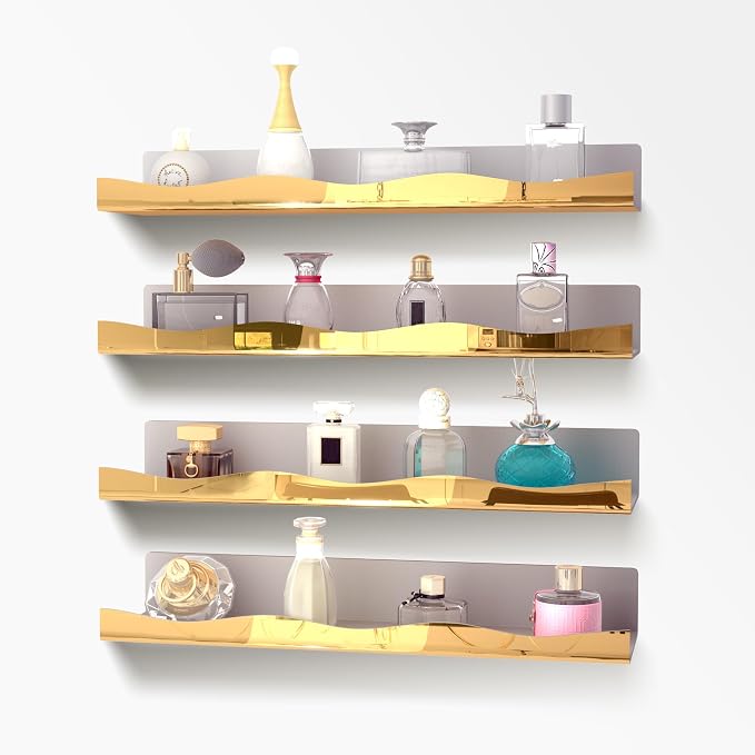 YMVV 15.7 in Large Golden Reflective Acrylic Mounted Floating Shelf, Perfume Organizer Shelf, Modern Bathroom Storage Toy Display Organizer Decor 4 Pack
