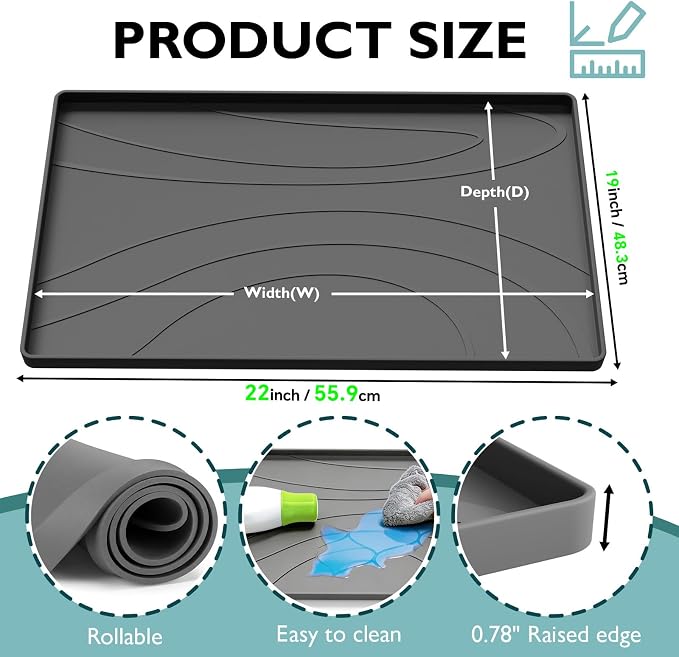 Under Sink Mat 22" x 19", Silicone Under Sink Liner for Kitchen and Bathroom, Waterproof Cabinet Protector Drip Tray, Protects Cabinets from Leaks and Spills