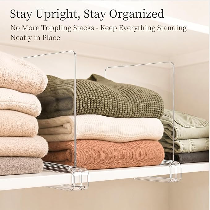 SortNStore Shelf Dividers Purse Organizer for Closet: 16-Pack Acrylic Bag Storage Organizer for Handbags, Clutches, Clothes, Sweater, Towel on Wood Shelves