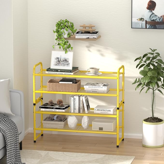 2 Pack Shoe Rack, 2-Tier Metal Stackable Shoe Shelf Storage Organizer, Heavy Duty Wire Shoe Stand for Entryway, Closet, Hallway, Holds 50 LBS, Gold