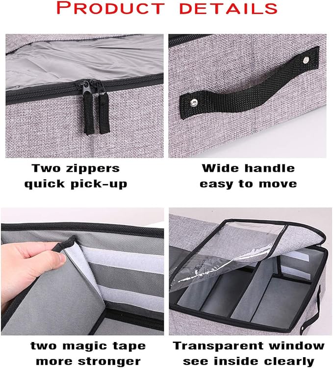 AARAINBOW Foldable Under Bed Clothes Organizer with Lid, Fabric Underbed Storage Container with Adjustable Dividers, Long UnderBed Storage Bins with Handles, Clear Shoes Storage Under Bed (2 Gray)