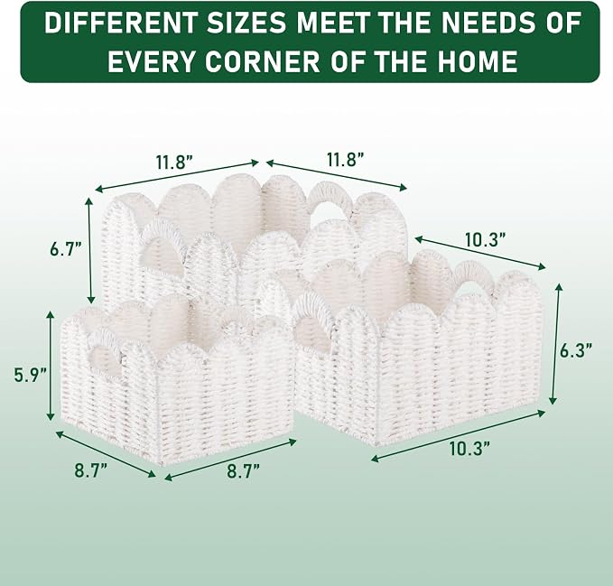 OIAHOMY Scalloped Wicker Baskets, Hand-woven Storage Baskets with Built-in Handles, Paper Rope Shelf Baskets for Organizing and Decoration, Set of 3-White
