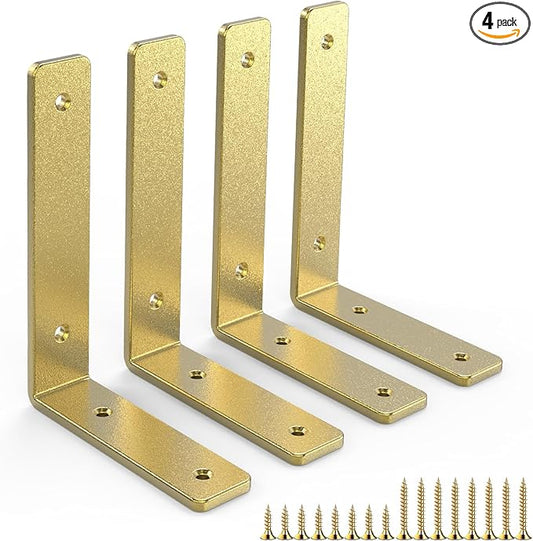 L Shelf Brackets 10 inch, Gold Heavy Duty Iron Shelf Brackets, Industrial Modern Floating Shelf Support for Wall Mount Shelves
