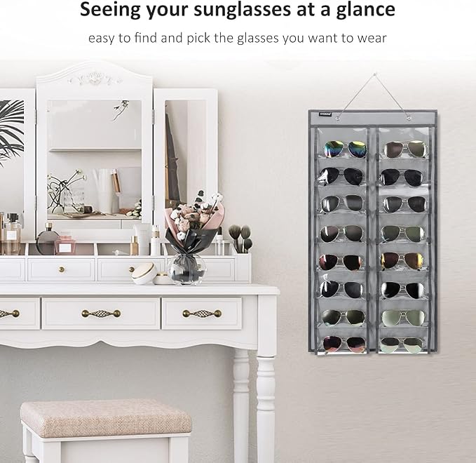 Over the Door Hanging Sunglasses Organizer Storage Sunglass Rack Holder Eyewear Display Case with 16 Clear Dust Proof Pockets (16 Pockets-Grey)