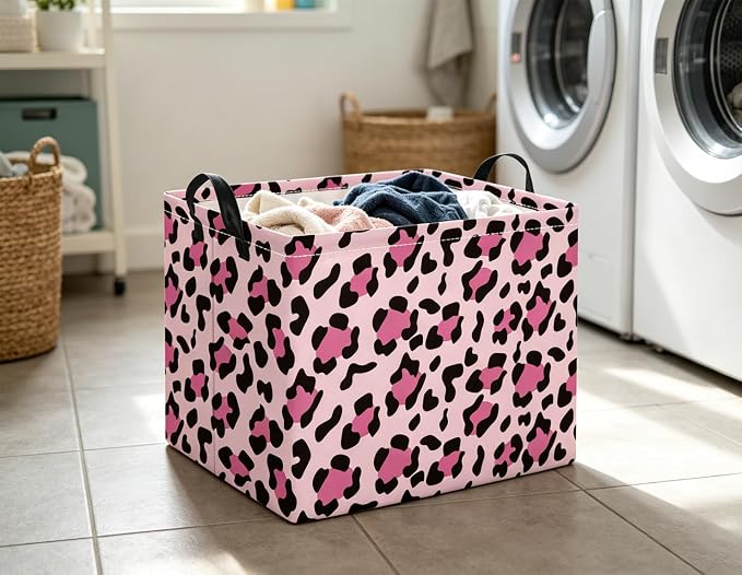 Rectangular Baby Kids Storage Basket for Home Kitchen Girls Cute Toy Storage Bin Organizer Shelf Book Room Decor(Pink Leopard)