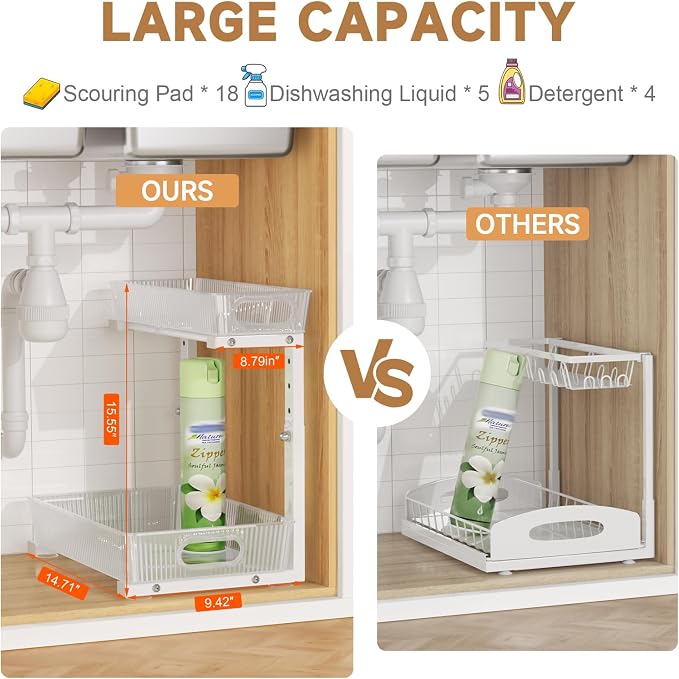 ETOYA 2 Pack Under Sink Organizer Kitchen, 2-Tier Pull Out Cabinet Organizer, L-Shaped Adjustable Height, Acrylic Under Sink Storage Shelf for Kitchen, Bathroom Vanity & Utility Closet