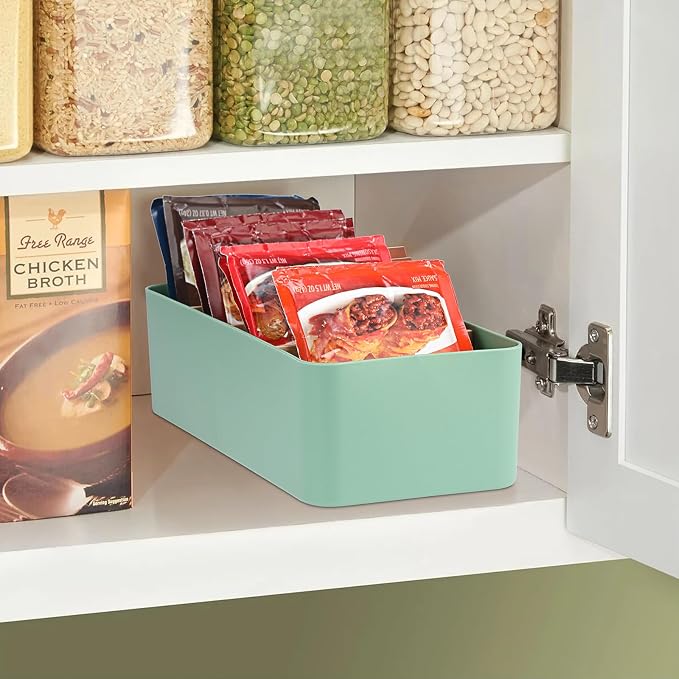 BSTKEY Seasoning Packet Organizer, Food Storage Organizer with Divided 4 Bamboo Wood Compartments, Green Plastic Storage Caddy for Pantry Cabinet, Kitchen Organization Bin for Snacks Spice Packets