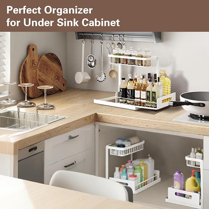 VUSIGN 2 Tier Under Sink Organizer and Storage, Slide Out Pull Out Cabinet Organizer Shelf, Storage for Kitchen Bathroom Laundry, 1Pack, White