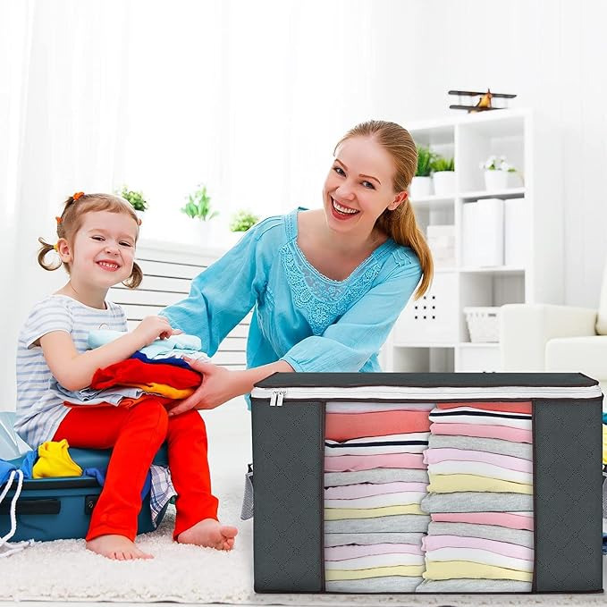 90L Large Storage Bags, 8 Pack Clothes Storage Bins Closet Organizers | Foldable Storage Containers, with Reinforced Handle, for Clothing, Blanket, Comforters, Bed Sheets, Pillows and Toys,Gray